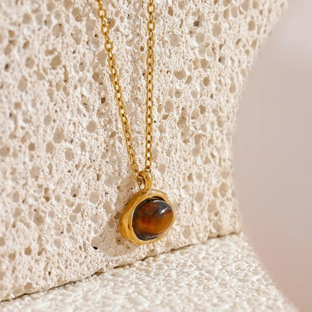 Gold Round Brown Gem Pendant Necklace-Lydieannejewelry