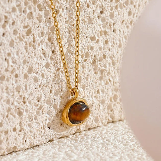 Gold Round Brown Gem Pendant Necklace-Lydieannejewelry