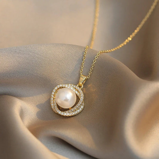 Gold Twisted Circle Pearl Pendant Necklace-Lydieannejewelry
