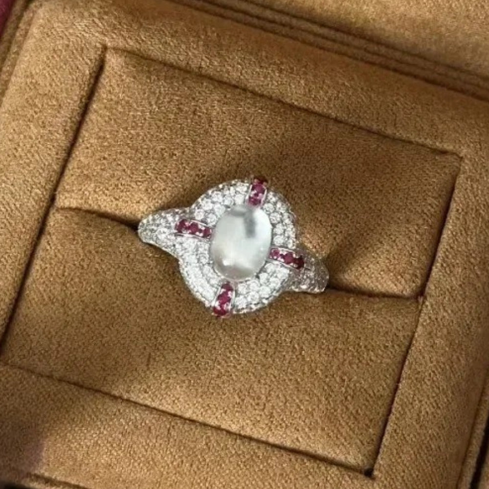 Retro Silver & Ruby Oval Cluster Ring-Lydieannejewelry