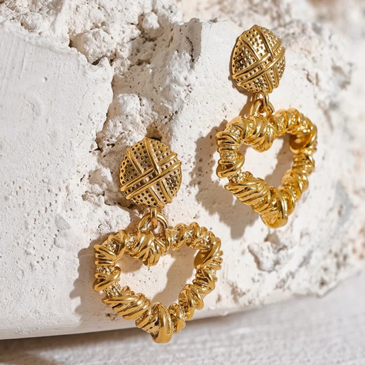 Vintage Gold Textured Heart Earrings-Lydieannejewelry