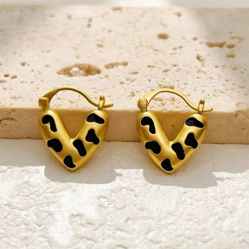 Gold & Black Spot Heart Shaped Earrings-Lydieannejewelry