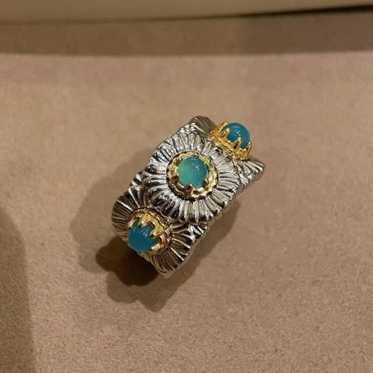 Classic Silver & Gold Floral Design Turquoise Adjustable Ring-Lydieannejewelry
