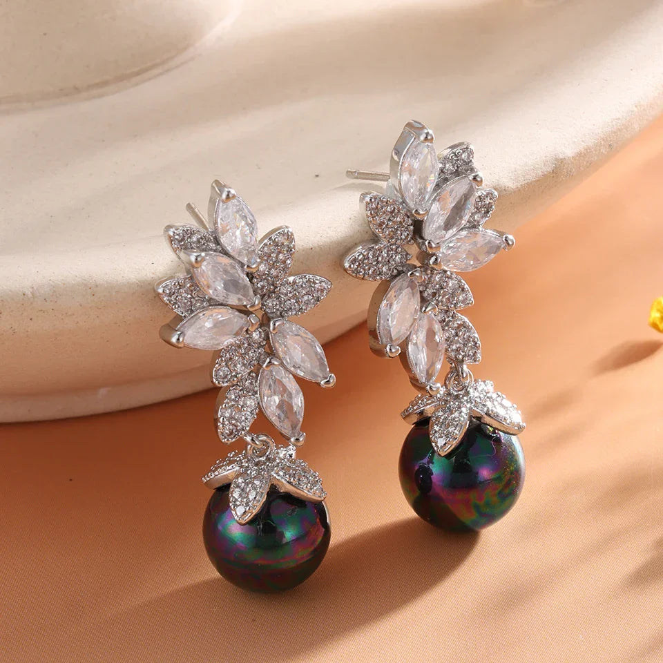 Silver Vintage Crystal & Dark Pearl Earrings-Lydieannejewelry
