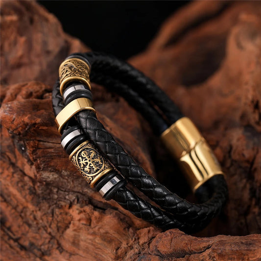 Black Woven Leather & Gold Charm Bracelet-Lydieannejewelry