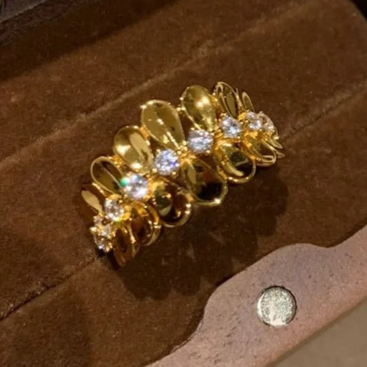 Vintage Gold & Diamond Floral Studded Shiny Leaf Adjustable Ring-Lydieannejewelry