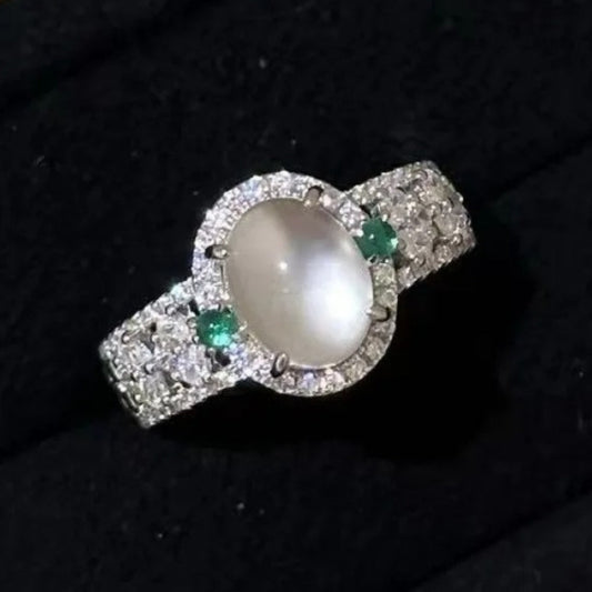Retro Silver White & Green Gemstone Moonstone Adjustable Ring-Lydieannejewelry