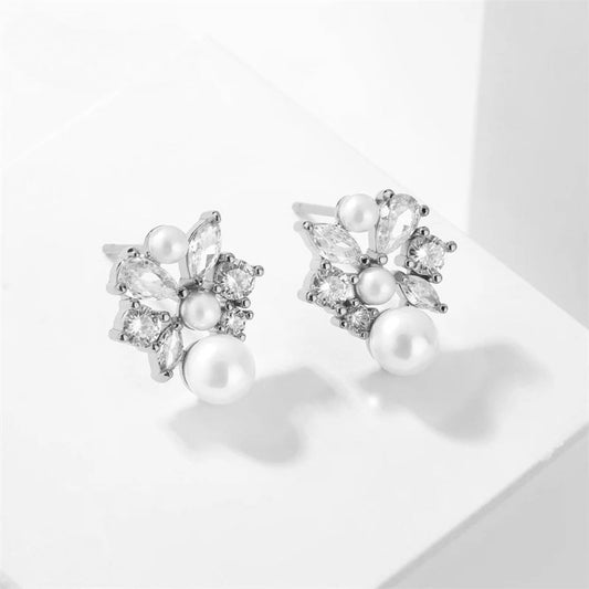 Silver Floral Pearl Stud Earrings-Lydieannejewelry