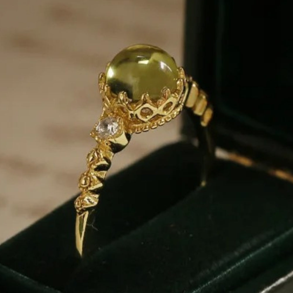 Retro Gold & Olive Green Gemstone Adjustable Ring-Lydieannejewelry