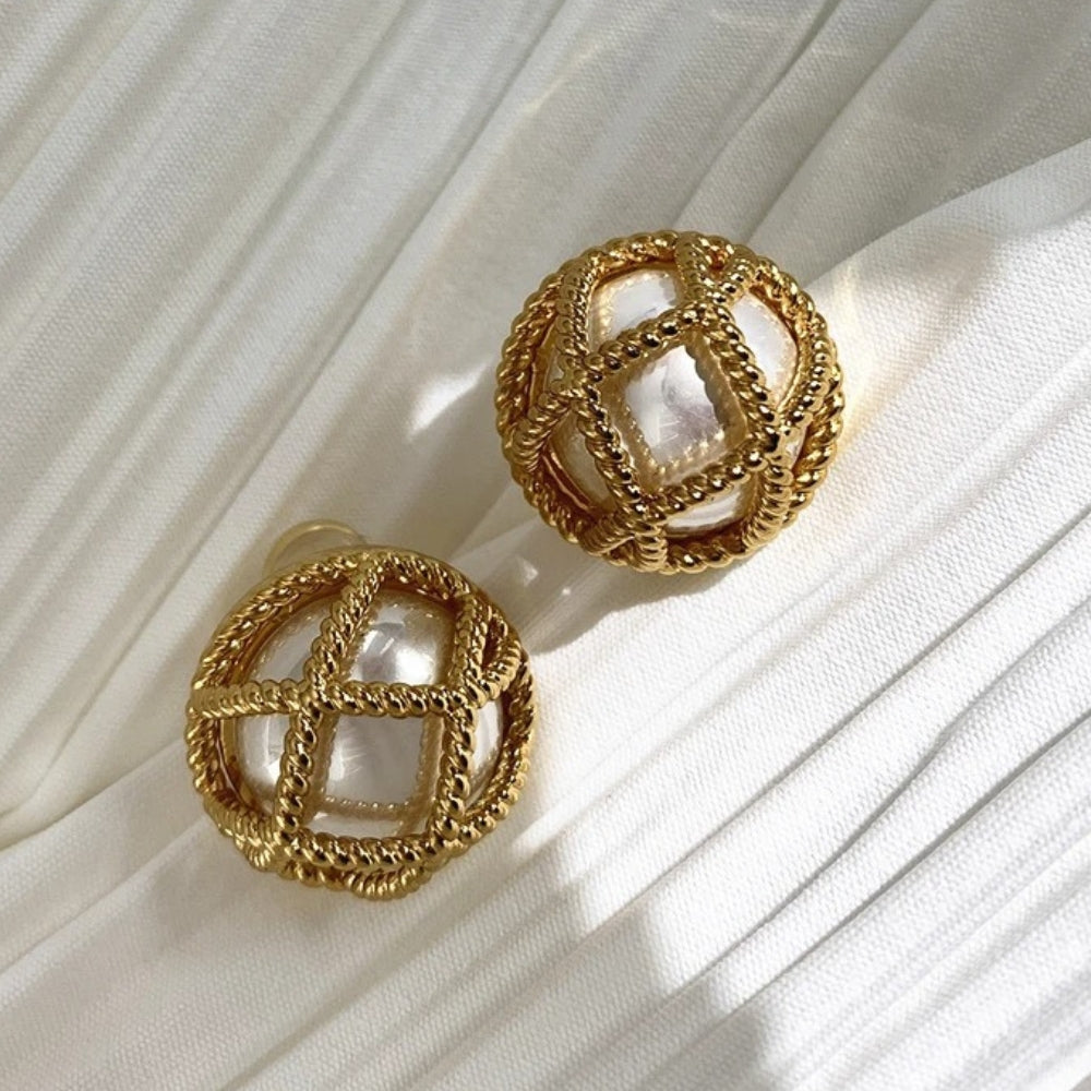 Vintage Gold Pearl Grid Earrings-Lydieannejewelry