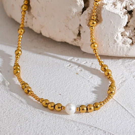 Gold Beaded Pearl Accent Necklace-Lydieannejewelry
