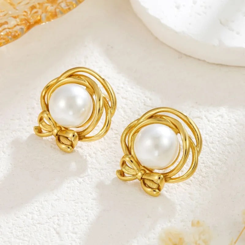 Vintage Pearl Bow Stud Earrings-Lydieannejewelry