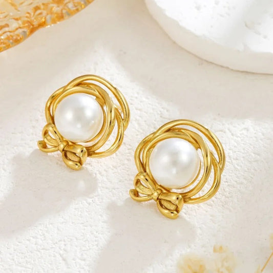 Vintage Pearl Bow Stud Earrings-Lydieannejewelry