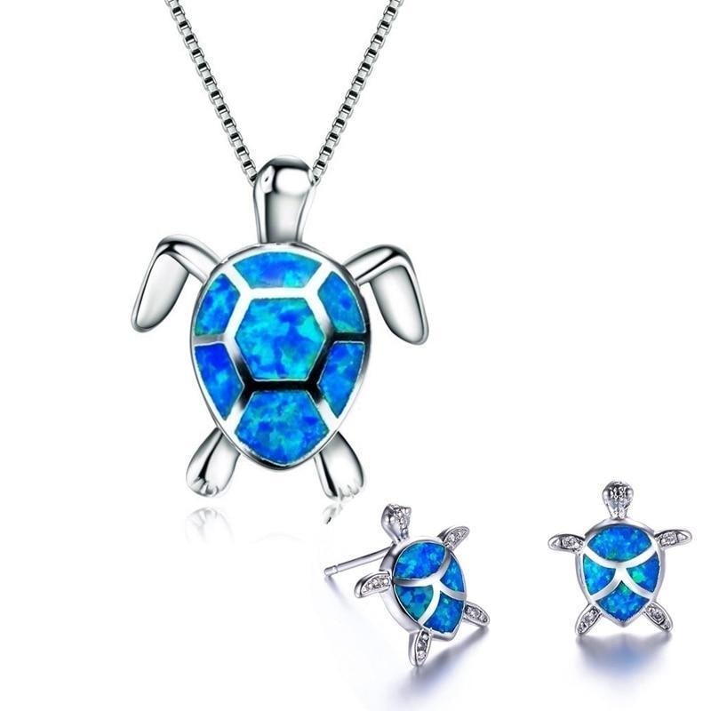 Sea Turtle Necklace + Earrings Set in Opal and Silver-Lydieannejewelry