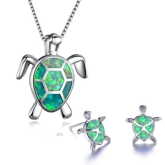 Sea Turtle Necklace + Earrings Set in Opal and Silver-Lydieannejewelry