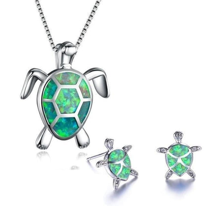 Sea Turtle Necklace + Earrings Set in Opal and Silver-Lydieannejewelry